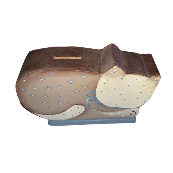 Vintage Folk Art Cat Carved Wood Bank Hand Painted Blue Flowers Tan Brown 6” - Picture 7 of 12